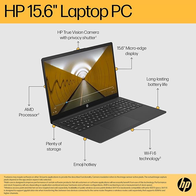 HP 15.6" Laptop | AMD Ryzen 3 7320U Processor | 8 GB RAM | 256 GB SSD | AMD Radeon Graphics | FHD Display | Up to 11hrs 15 mins battery | Windows 11 | Dual Speakers | Jet Black | 15-fc0045sa